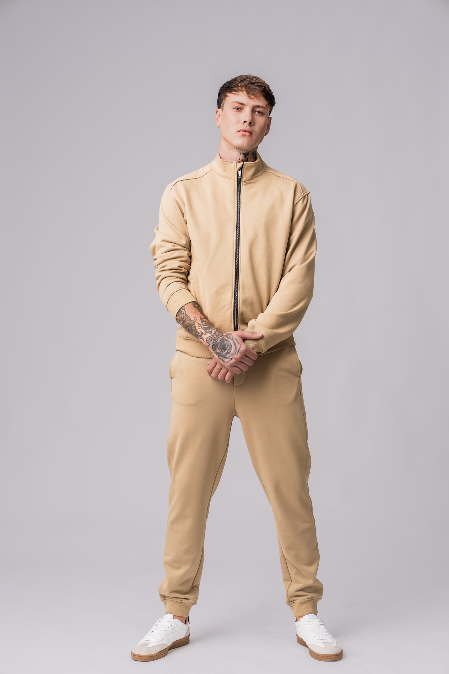 Men’s beige 100% cotton regular-slim fit tracksuit