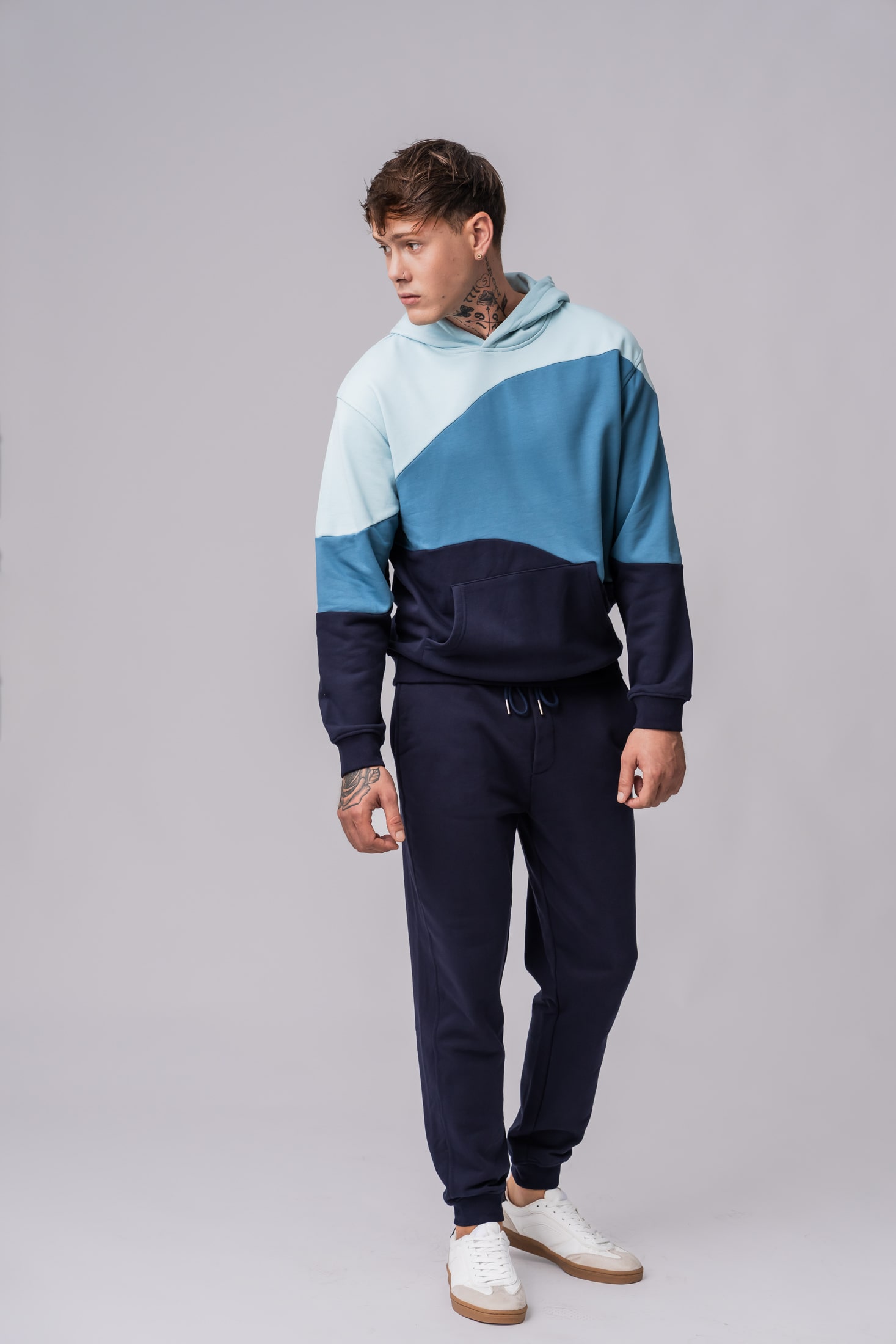 Men's 100% cotton colorblock tracksuit in blue colors
