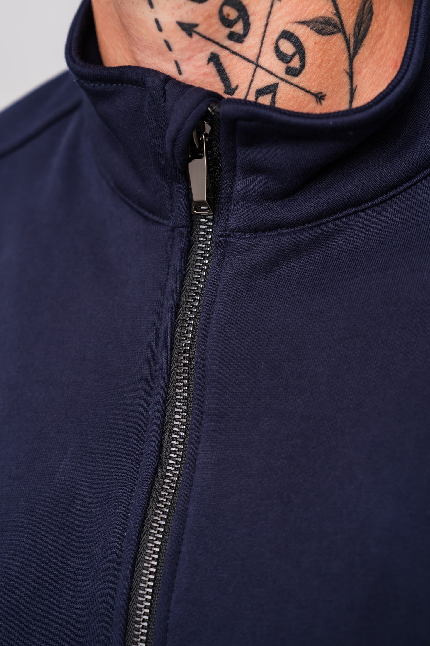 Men’s navy 100% cotton full zip sweatshirt with a high collar