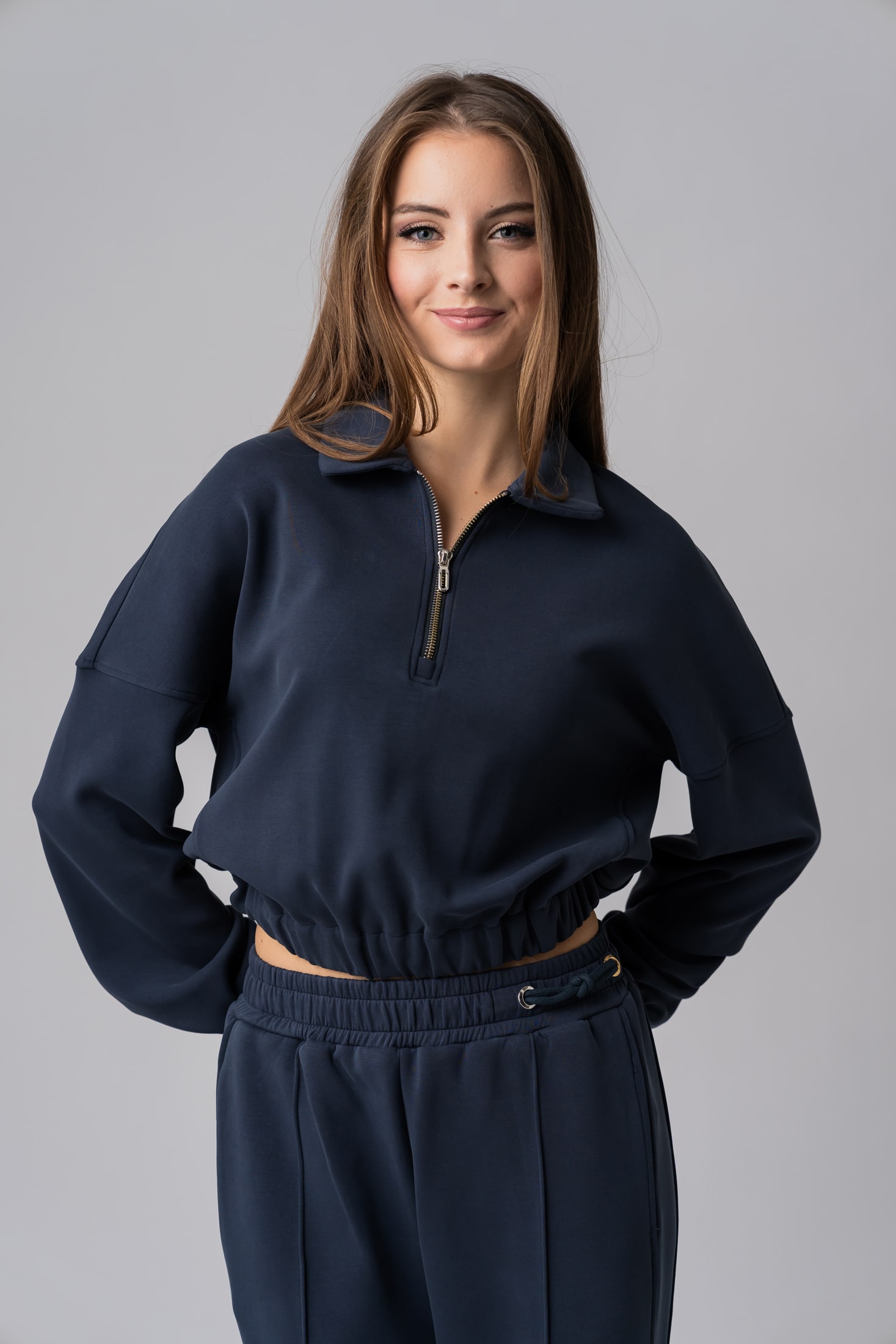 Women’s navy blue sustainable cropped half-zip sweatshirt
