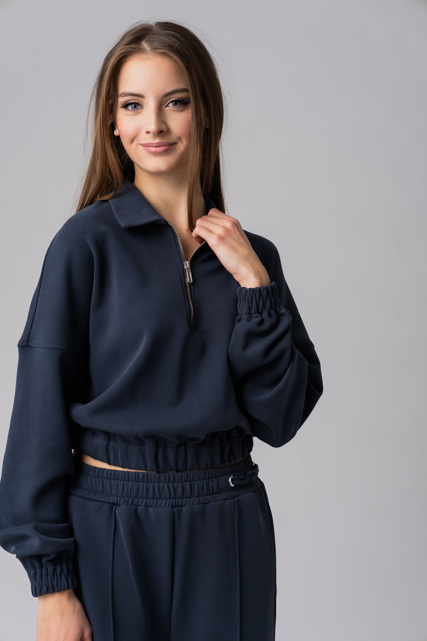 Women’s navy blue sustainable cropped half-zip sweatshirt