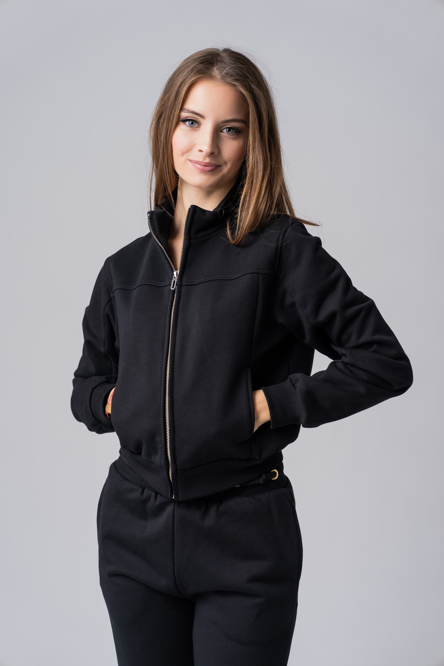 Women’s black 100% cotton zip-up active wear
