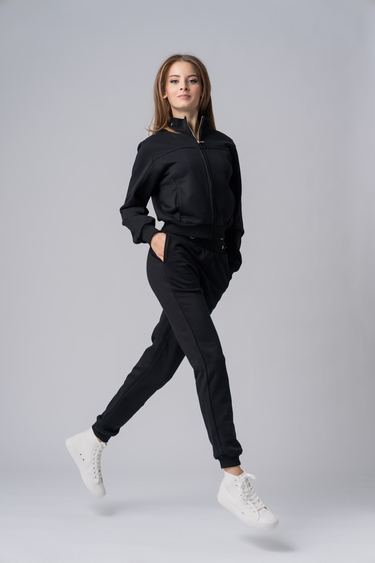 Women’s black 100% cotton zip-up active wear