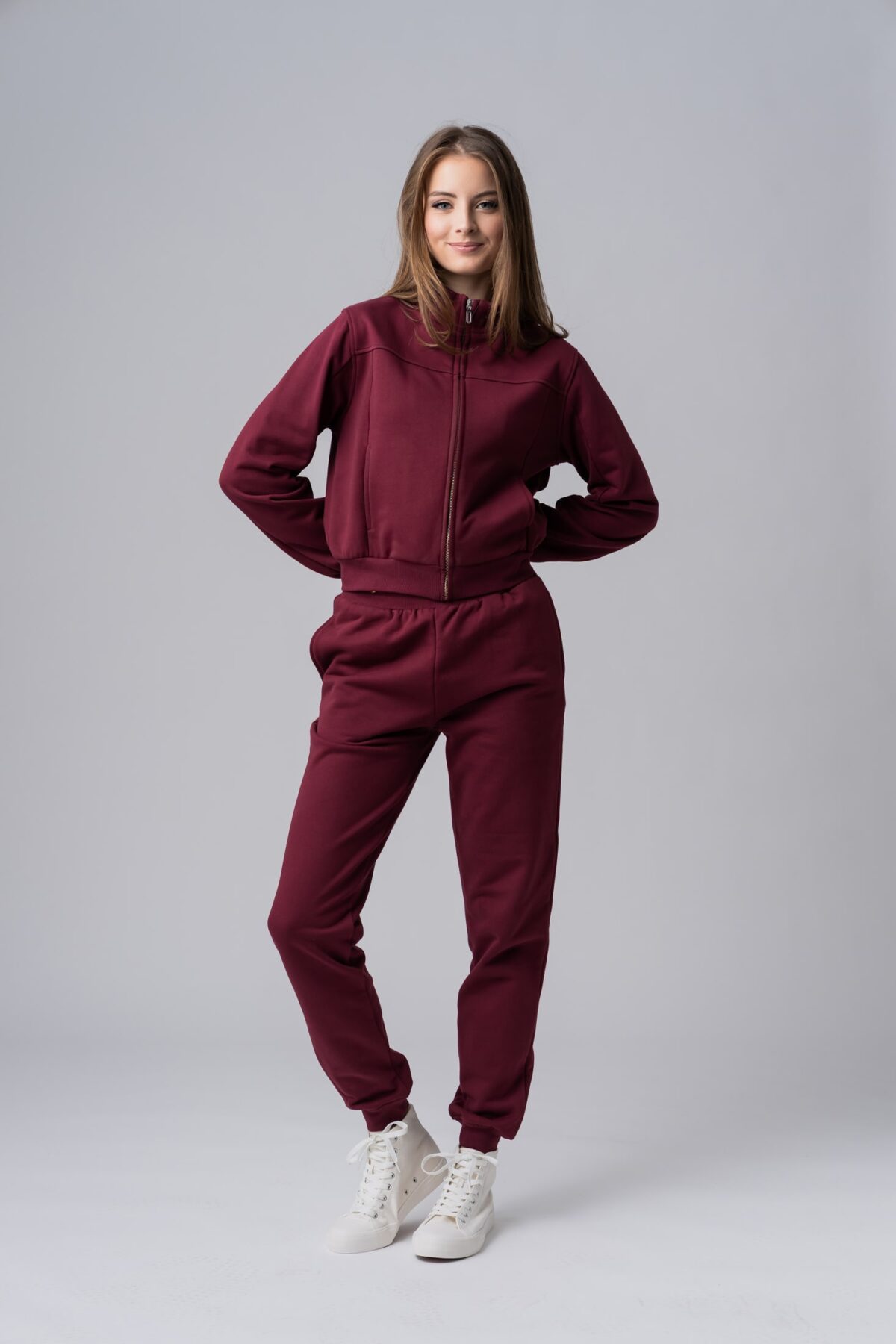 Women’s burgundy 100% cotton zip-up tracksuit