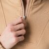 Women’s beige 100% cotton sweatshirt jacket with white contrast stripes and a half-zipper