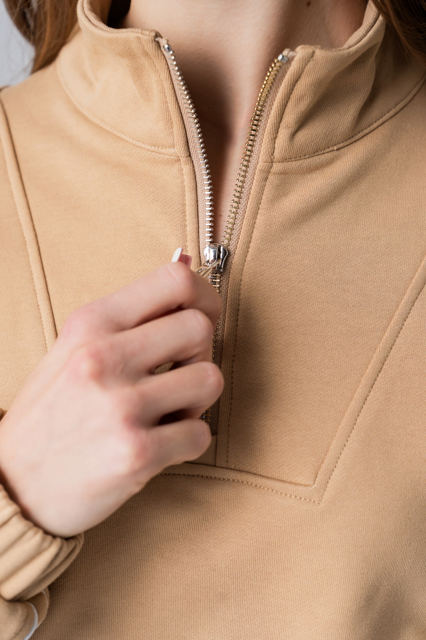 Women’s beige 100% cotton sweatshirt jacket with white contrast stripes and a half-zipper