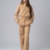Women’s beige 100% cotton relaxed sweatsuit with white contrast stripes