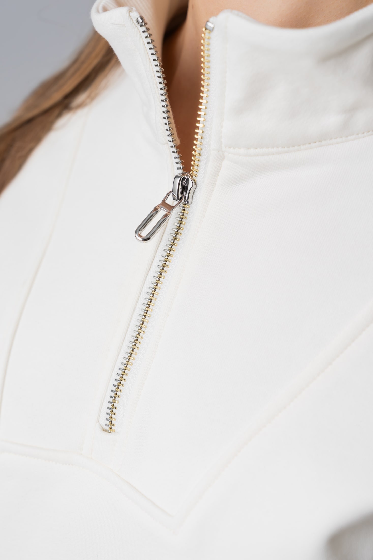 Women’s white 100% cotton half-zip sweatshirt jacket with black contrast stripes