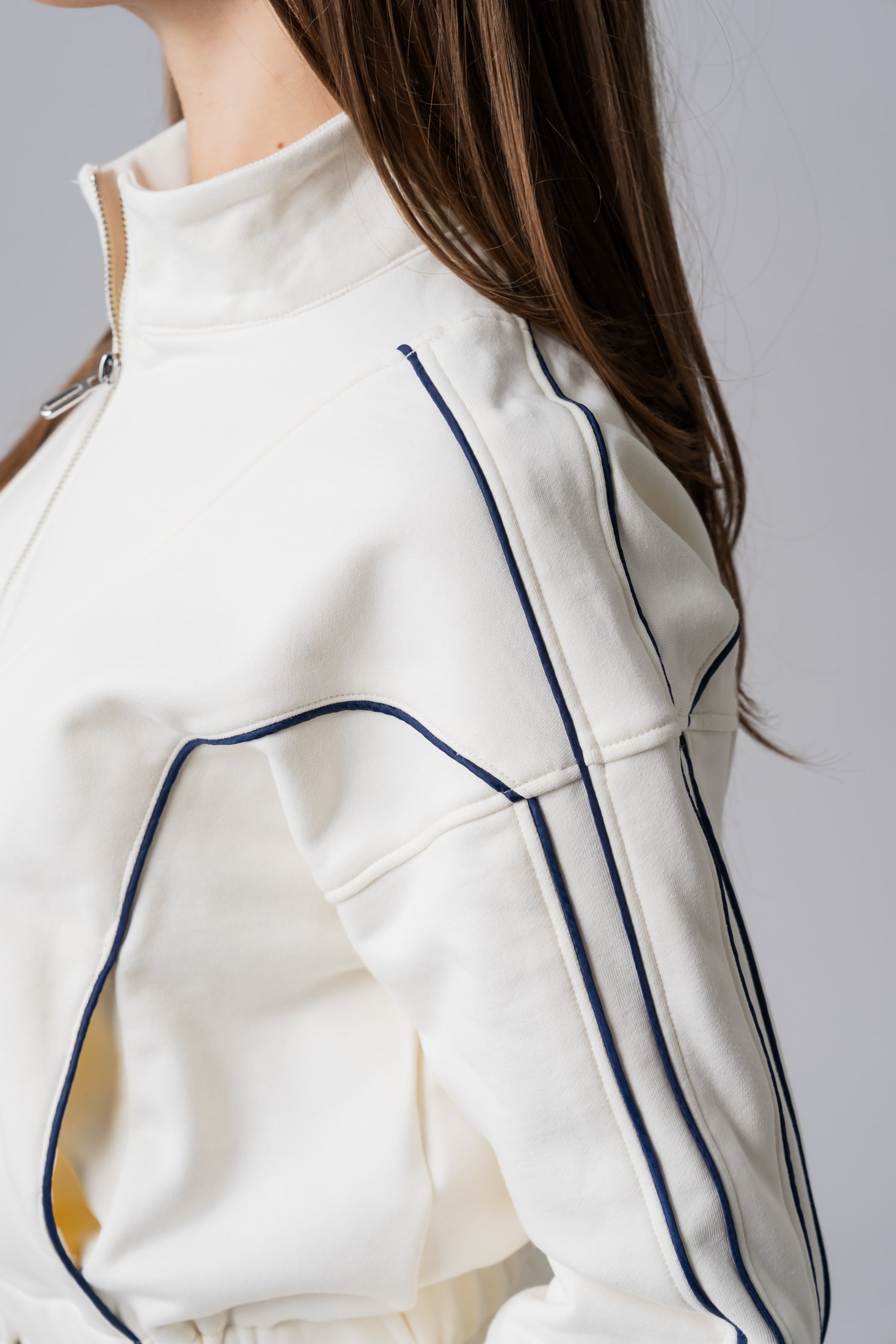 Women’s white 100% cotton sweatshirt jacket with black contrast stripes