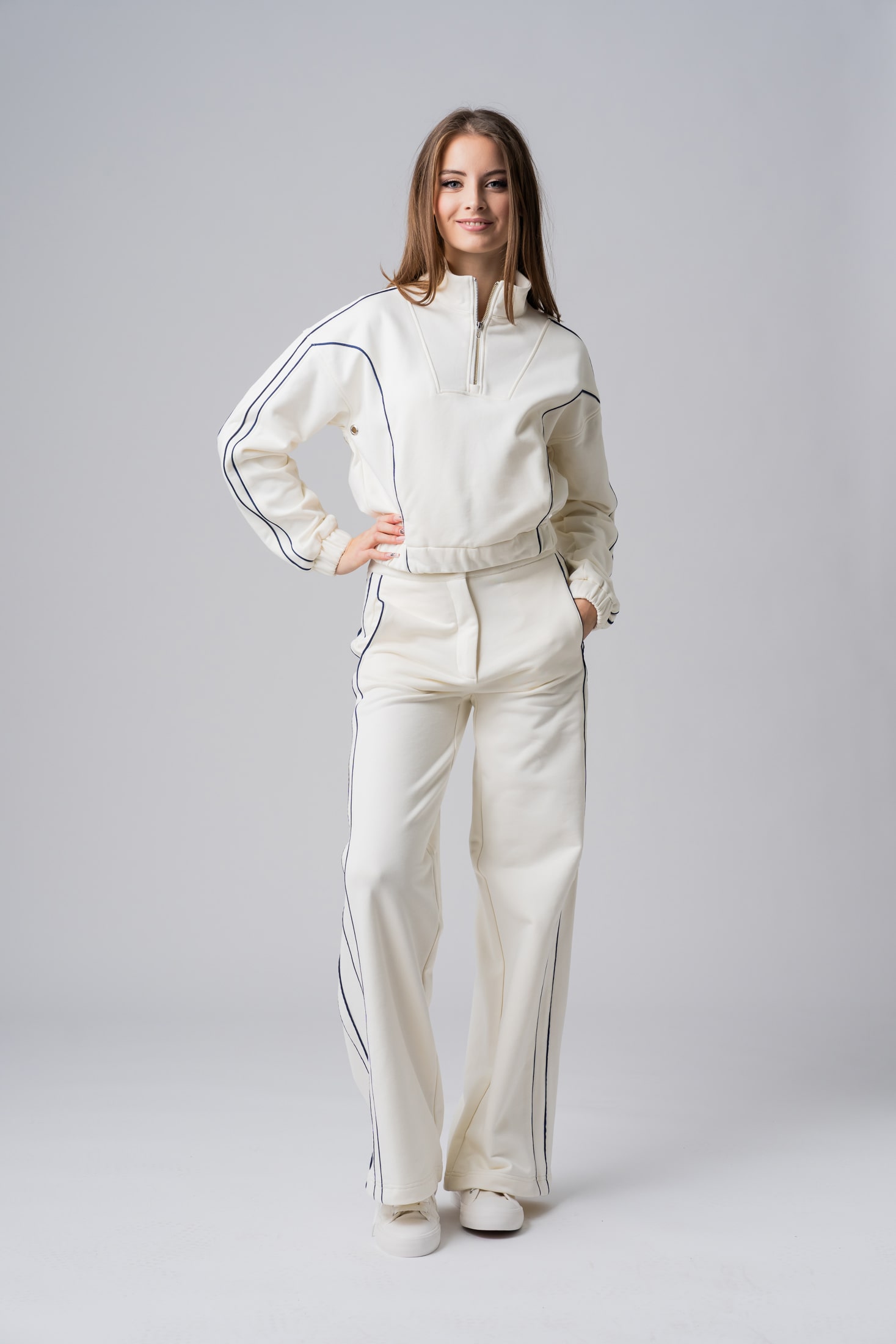 Women’s white 100% cotton relaxed active wear with black contrast stripes