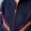 Women's navy zipper sweatshirt with red and white stripes made from 100% cotton