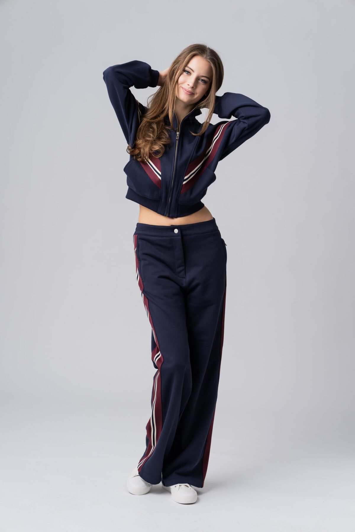 Women's navy blue 100% cotton tracksuit with red and white stripes