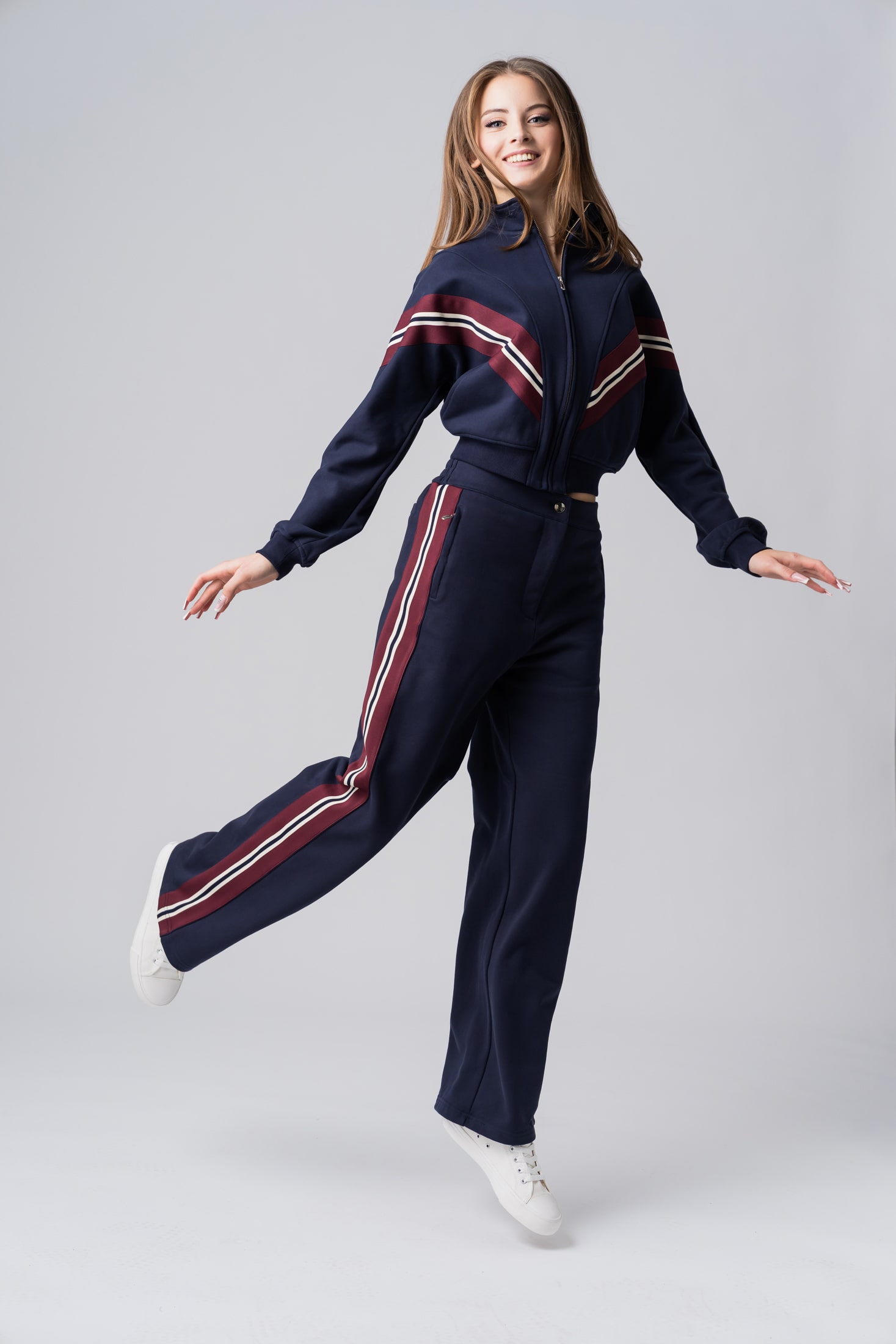 Women's navy tracksuit with red and white stripes made from 100% cotton