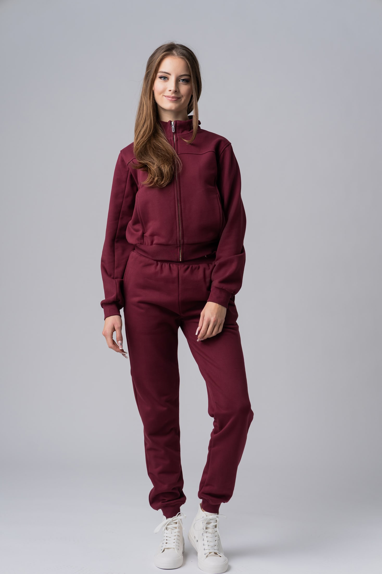 Women’s burgundy 100% cotton zip-up loungewear