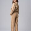 Women’s beige 100% cotton relaxed tracksuit with white contrast stripes