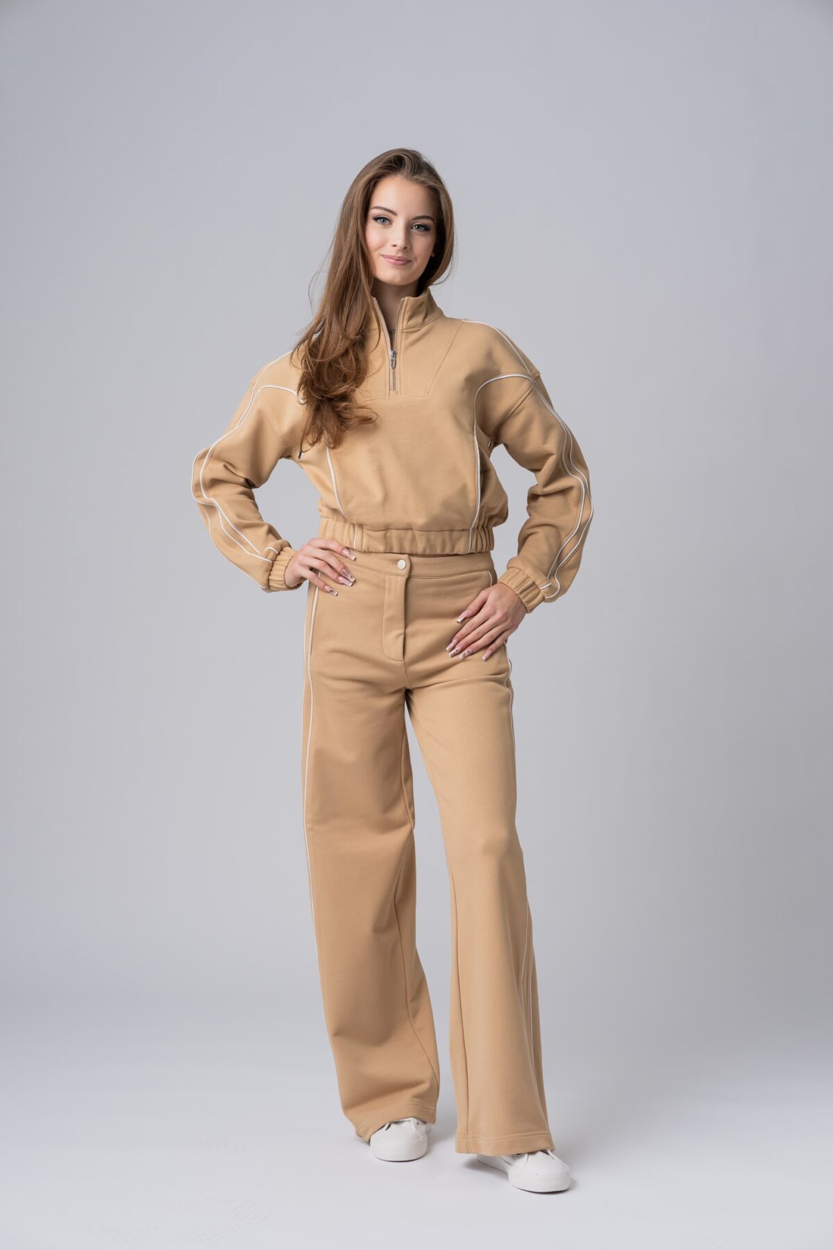 Women’s beige 100% cotton relaxed tracksuit with white contrast stripes