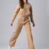 Women’s beige 100% cotton relaxed sweatsuit with white contrast stripes