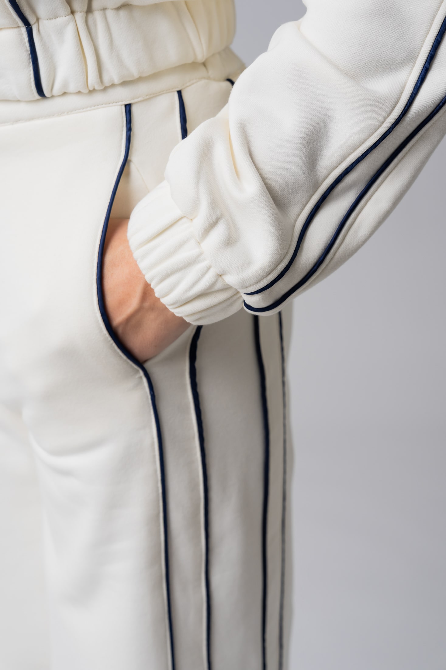 Women’s white 100% cotton relaxed tracksuit with black contrast stripes