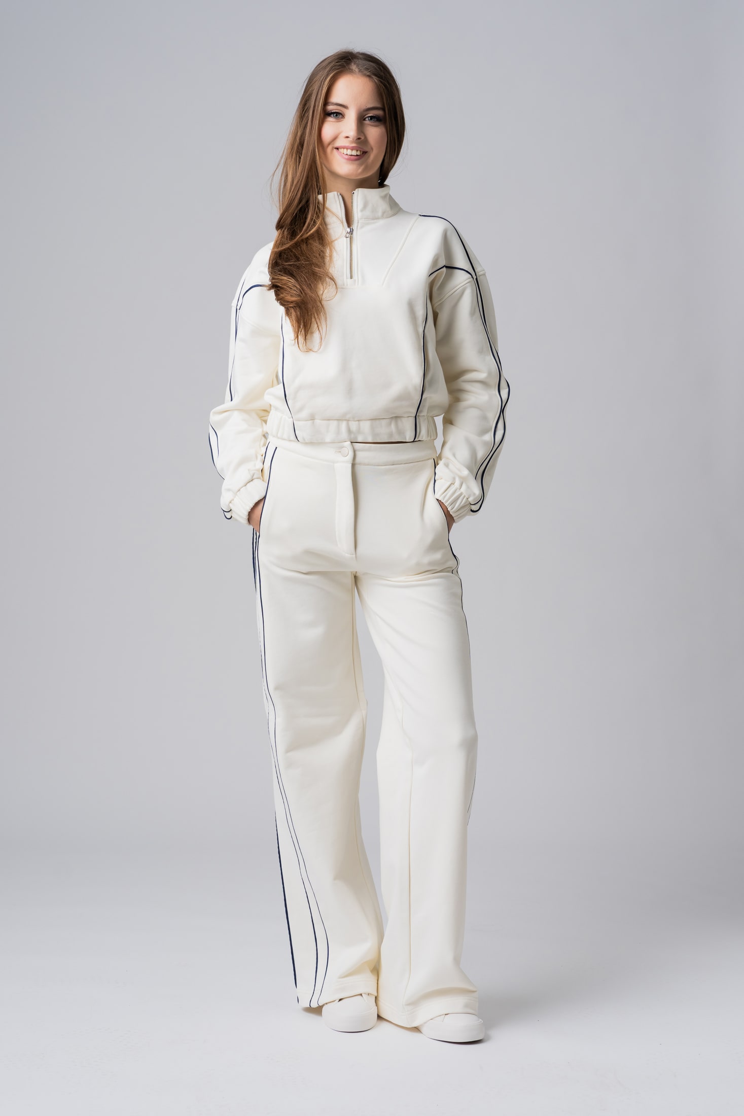 Women’s white 100% cotton relaxed fit loungewear with black contrast stripes