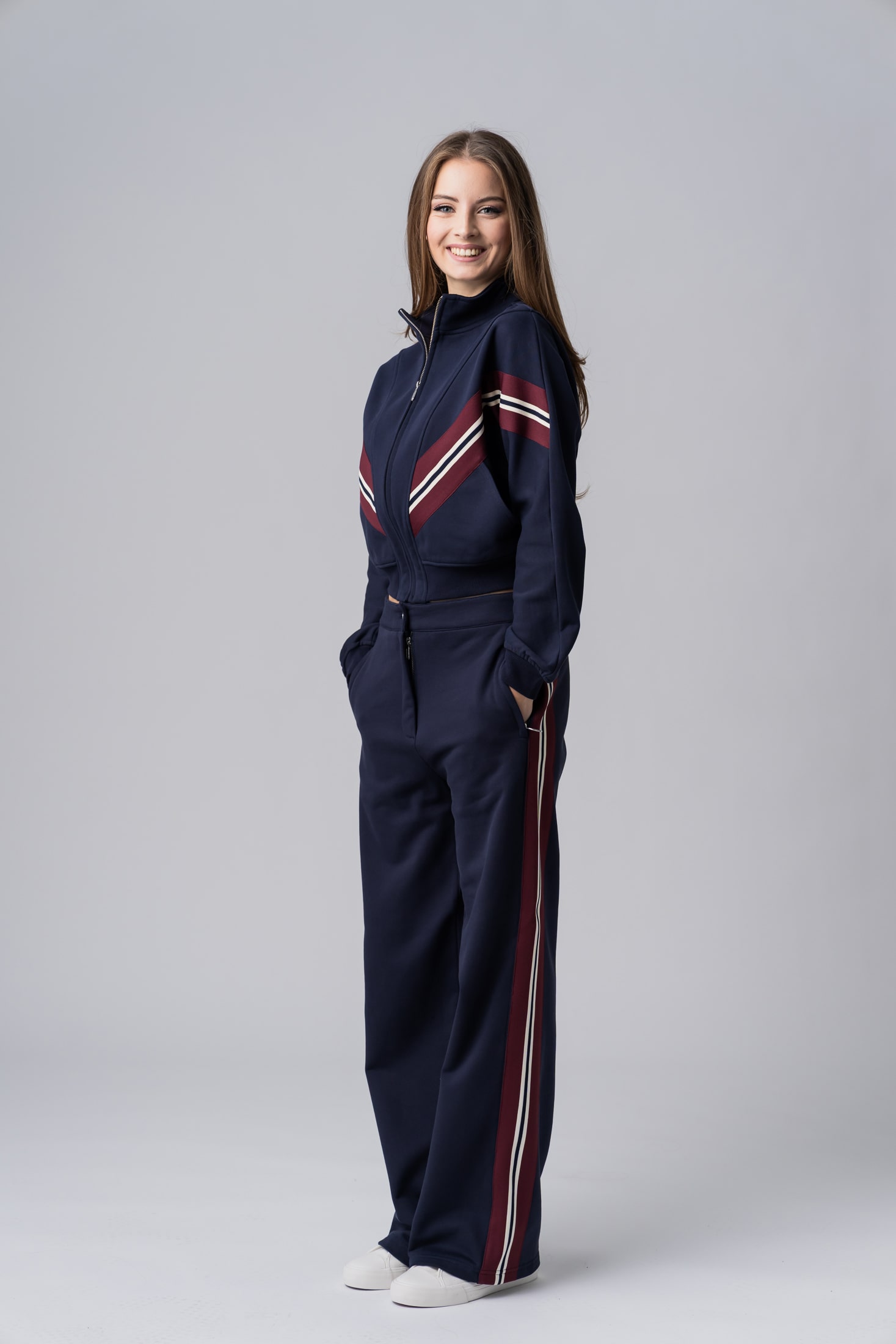 Women's navy tracksuit with red and white stripes made from 100% cotton