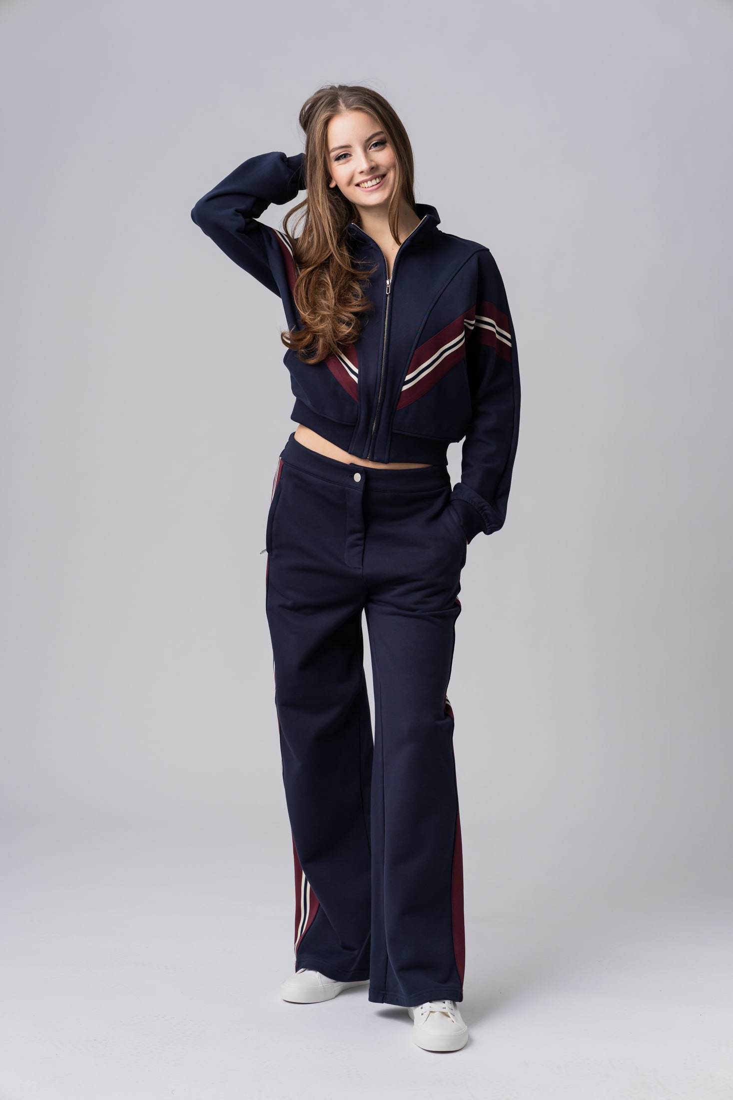Women's navy tracksuit with red and white stripes made from 100% cotton