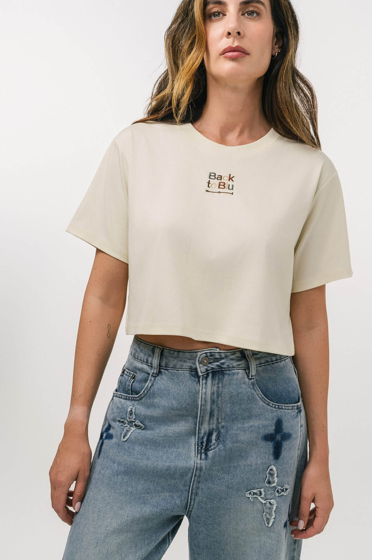 Cropped Cotton T-Shirt with Embroidered Logo