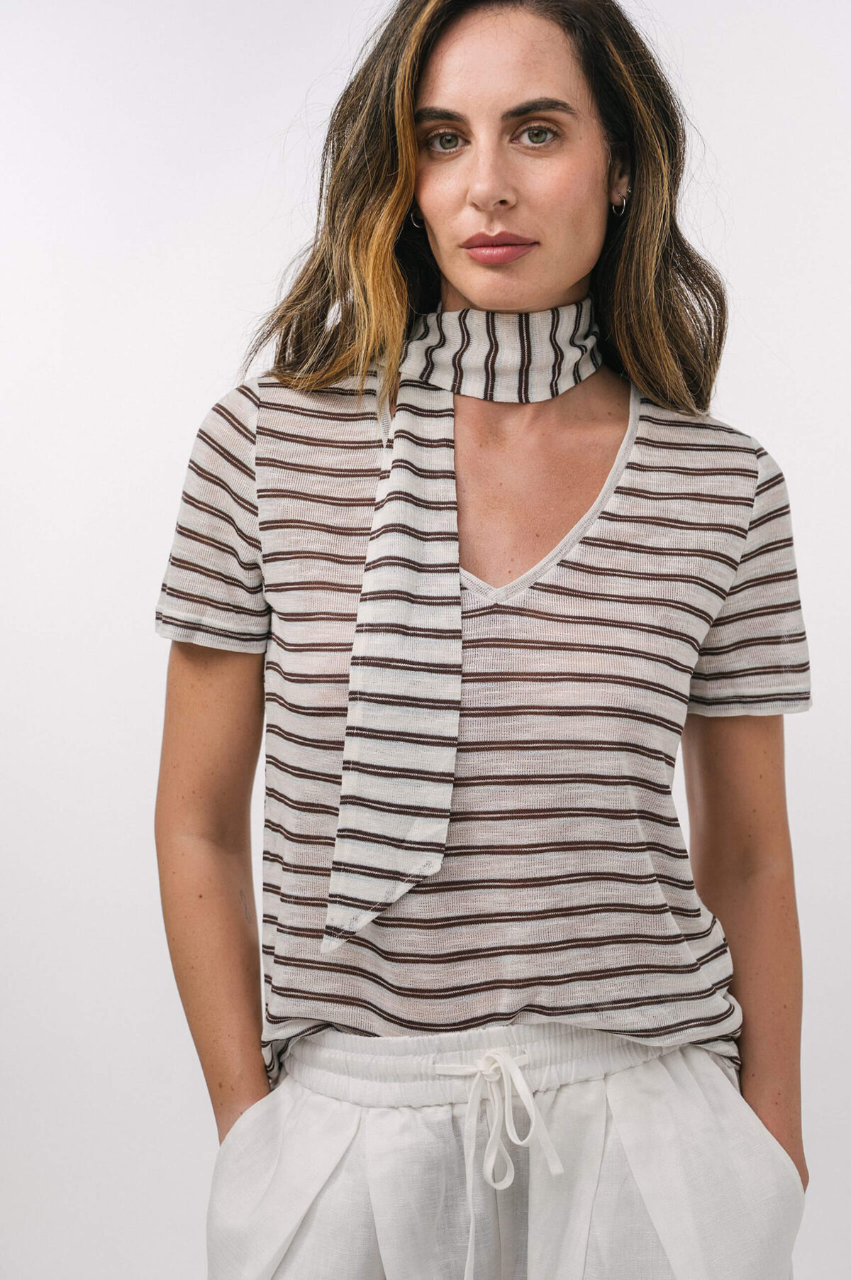 Striped Short Sleeve T-Shirt with Scarf
